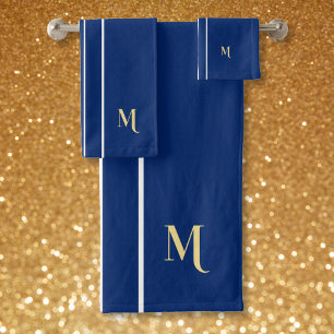 Faux Gold Monogram Navy Blue White Racing Stripes Bath Towel Set