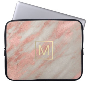 faux gold monogram on rose gold marble laptop sleeve