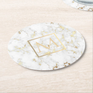 Faux gold monogram on white marble stone round paper coaster