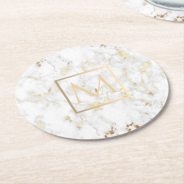 Faux gold monogram on white marble stone round paper coaster (Angled)