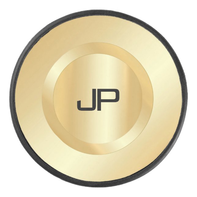 Faux Gold Monogrammed Custom Elegant Template Hockey Puck (Front)