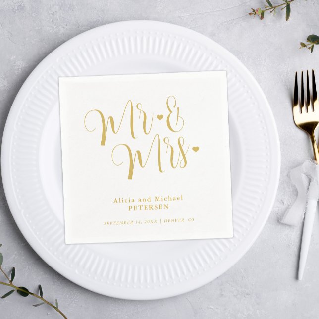 Faux gold Mr and Mrs simple calligraphy wedding Napkin (Creator Uploaded)