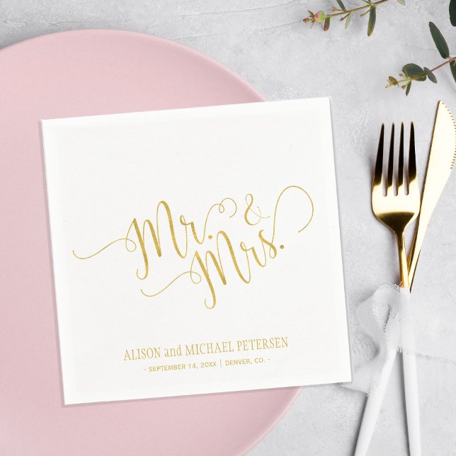 Faux gold mr and mrs simple calligraphy wedding napkin (Creator Uploaded)