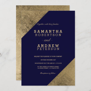 Faux gold navy blue elegant wedding colour block invitation