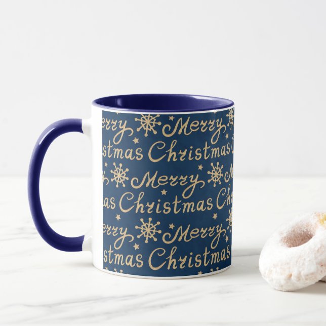 Faux Gold & Navy Blue Merry Christmas Lettering Mug (With Donut)
