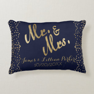 Faux Gold Navy Blue Mr. and Mrs. Monogram Wedding Decorative Cushion