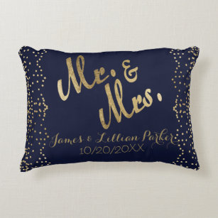 Faux Gold Navy Blue Mr. and Mrs. Monogram Wedding Decorative Cushion