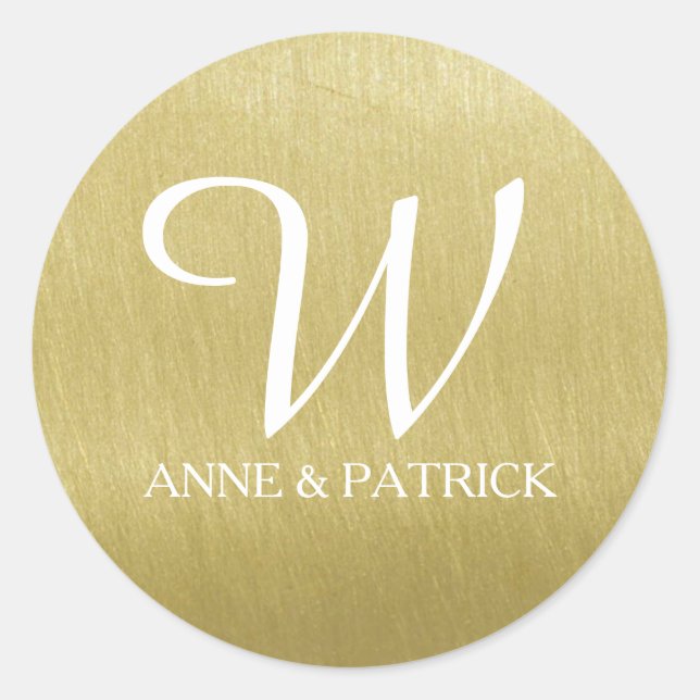 faux gold (ochre) monogram & names, wedding  classic round sticker (Front)