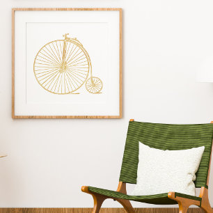 Faux Gold Old Fashioned Unicycle Line Drawing Poster