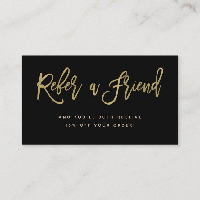Faux Gold on Black Modern Script Referral Card (Front)