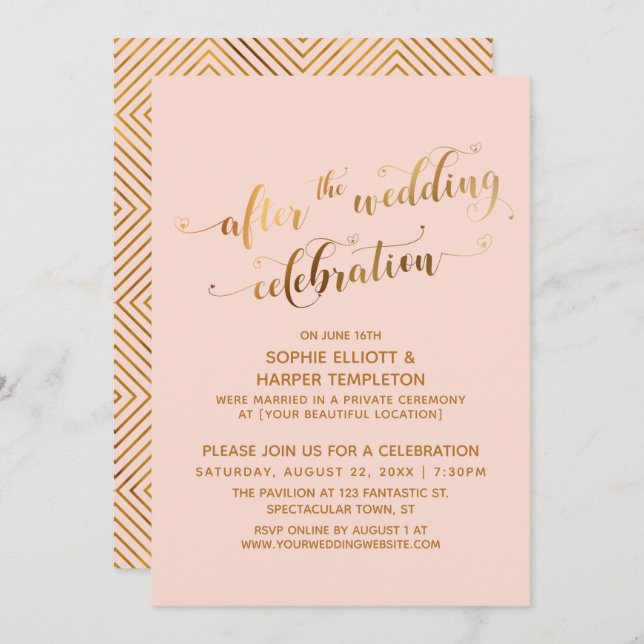Faux Gold on Blush After the Wedding Celebration Invitation (Front/Back)