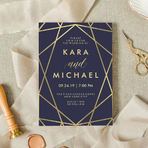 Faux Gold on Navy Modern Geometric Wedding Invitation