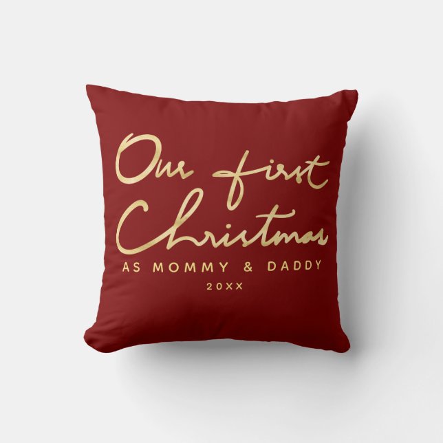 Faux Gold Our First Christmas as Mummy and Daddy Cushion (Front)