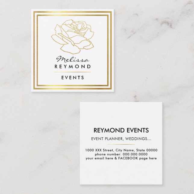 Faux Gold Outlined Rose Flower, Events white Square Business Card (Front/Back)