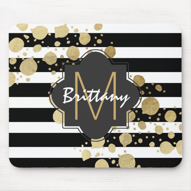 Faux Gold Paint Splatter on Black & White Monogram Mouse Pad (Front)