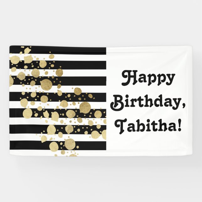 Faux Gold Paint Splatter on Black & White Stripes Banner (Horizontal)