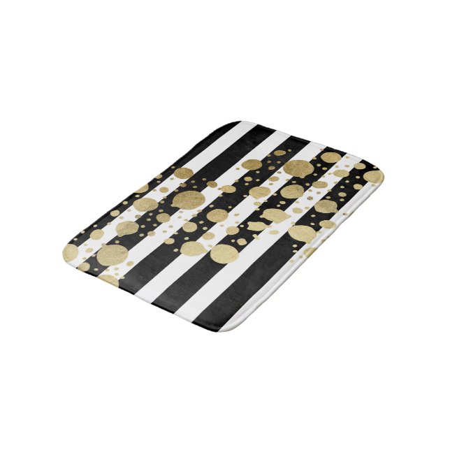 Faux Gold Paint Splatter on Black & White Stripes Bath Mat (Angled)