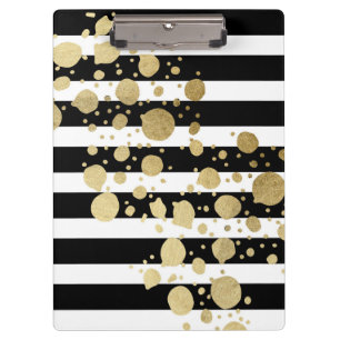 Faux Gold Paint Splatter on Black & White Stripes Clipboard