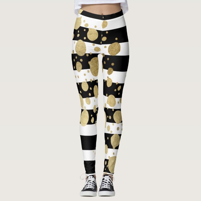 Faux Gold Paint Splatter on Black & White Stripes Leggings (Front)