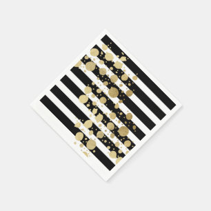 Faux Gold Paint Splatter on Black & White Stripes Napkin