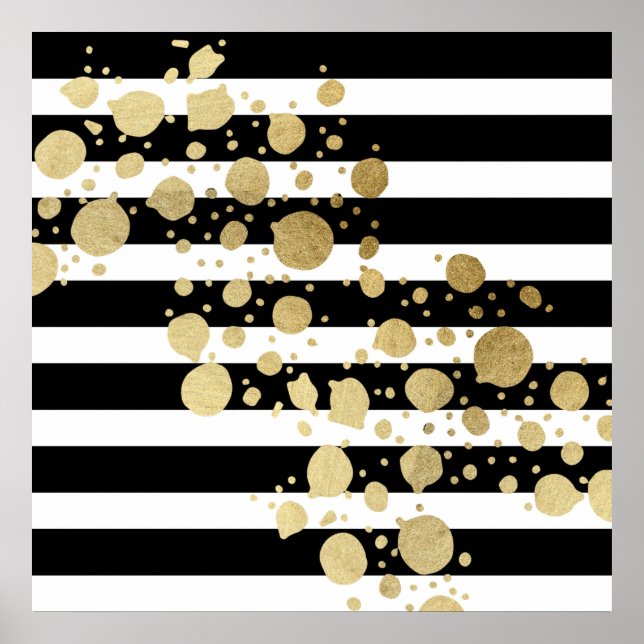 Faux Gold Paint Splatter on Black & White Stripes Poster (Front)