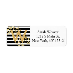 Faux Gold Paint Splatter on Black & White Stripes Return Address Label