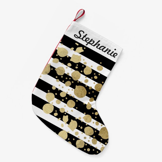 Faux Gold Paint Splatter on Black & White Stripes Small Christmas Stocking (Front (Hanging))