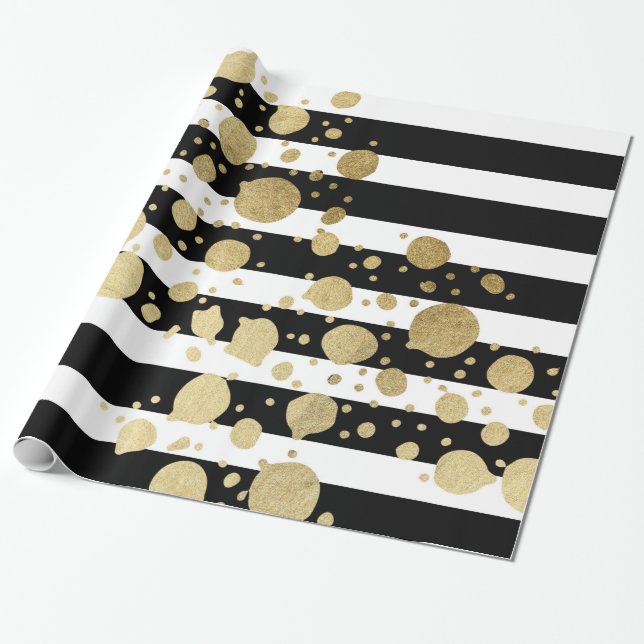 Faux Gold Paint Splatter on Black & White Stripes Wrapping Paper (Unrolled)