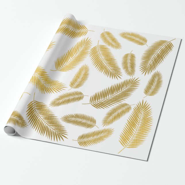 Faux Gold Palm Leaves Pattern Wrapping Paper (Unrolled)