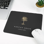 Faux Gold Palm Tree Logo Mouse Pad<br><div class="desc">Chic personalised mousepad for your business or home office features two lines of custom text in classic white lettering,  on a charcoal grey background adorned with a tropical palm tree illustration in faux gold foil.</div>