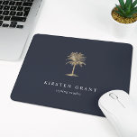 Faux Gold Palm Tree Logo Mouse Pad<br><div class="desc">Chic personalised mousepad for your business or home office features two lines of custom text in classic white lettering,  on a navy blue background adorned with a tropical palm tree illustration in faux gold foil.</div>