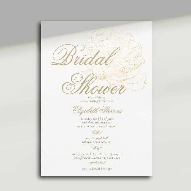 Faux Gold Peony Calligraphy Elegant Bridal Shower Invitation (peony bridal shower invitation formal traditional calligraphy modern classic gold)