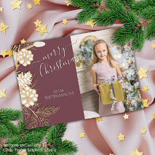 Faux Gold Pine Cones Needles On Mauve Pink Holiday Card