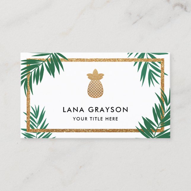 Faux Gold Pineapple & Green Palm Fronds Business Card (Front)