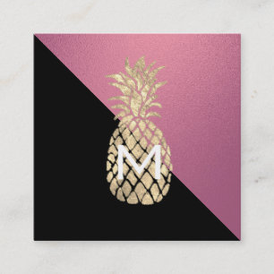 faux gold pineapple monogram on hot pink square business card