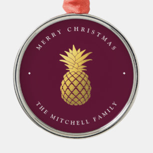 Faux Gold Pineapple on Burgundy   Christmas Metal Ornament