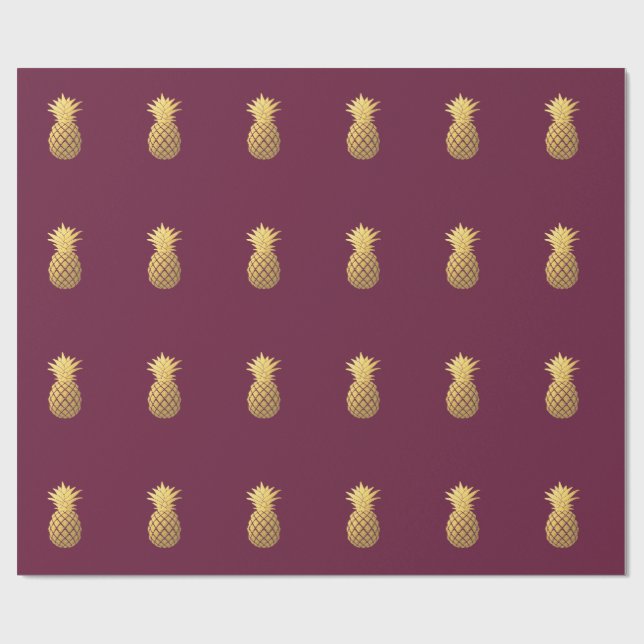 Faux Gold Pineapple on Burgundy Wrapping Paper (Flat)