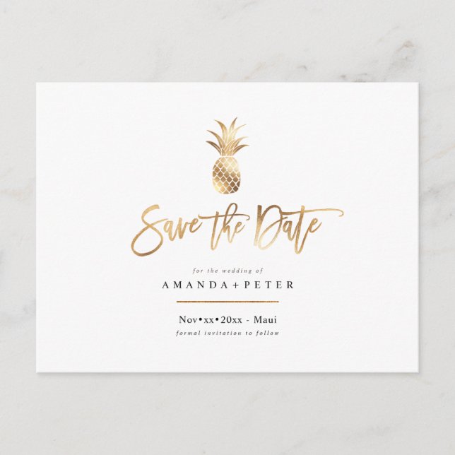 Faux Gold Pineapple Save the Date postcards (Front)