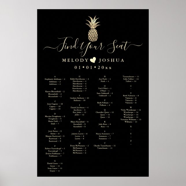 FAUX GOLD PINEAPPLE SEATING CHART, ALPHABETICAL POSTER (Front)