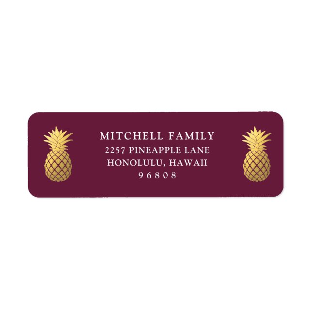 Faux Gold Pineapples on Burgundy Return Address Label (Front)