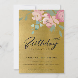 FAUX GOLD PINK BLUE PEONY FLORAL ANY AGE BIRTHDAY INVITATION