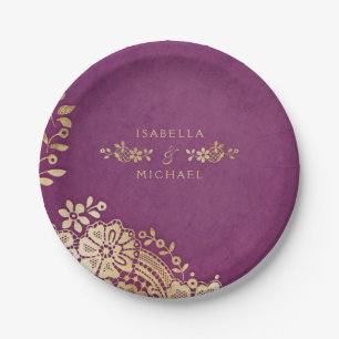 Faux gold purple elegant vintage lace wedding paper plate