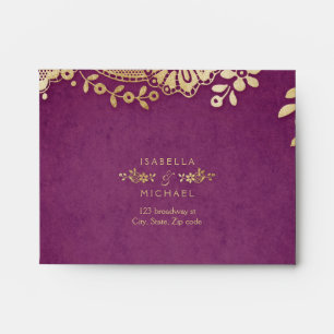 Faux gold purple elegant vintage lace wedding RSVP Envelope