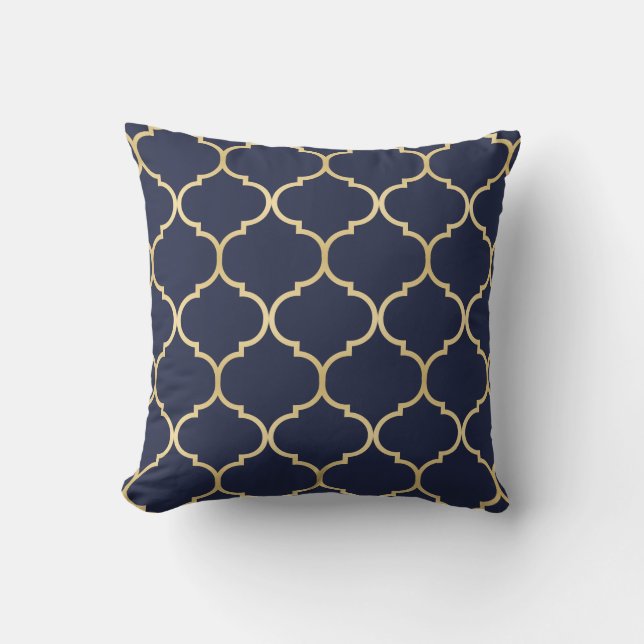 Faux Gold Quatrefoil Pattern Blue Cushion (Front)