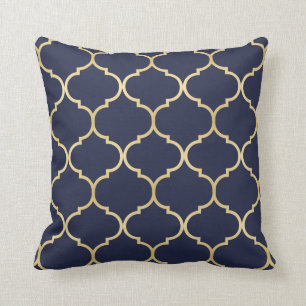 Faux Gold Quatrefoil Pattern Blue Cushion