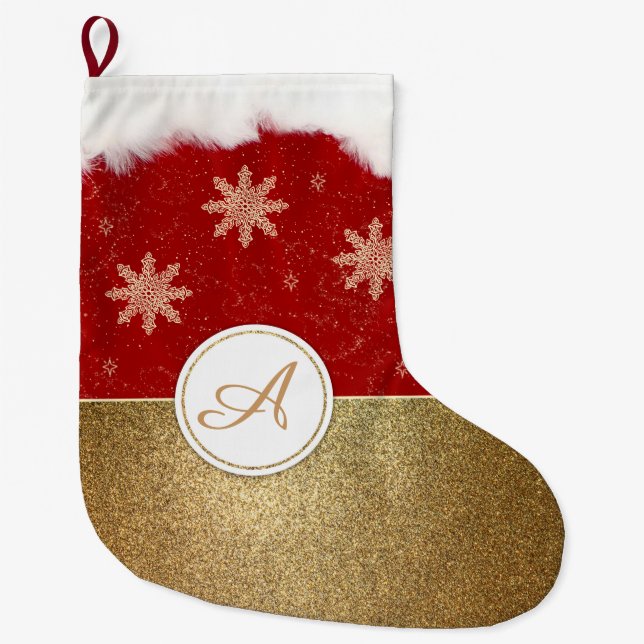 Faux Gold Red and White Monogram Large Christmas Stocking (Front)