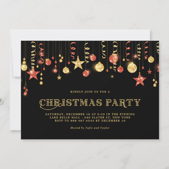 Faux Gold & Red Glitter Ornaments Christmas Party Invitation (Front)