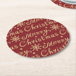 Faux Gold & Red Merry Christmas Lettering Round Paper Coaster