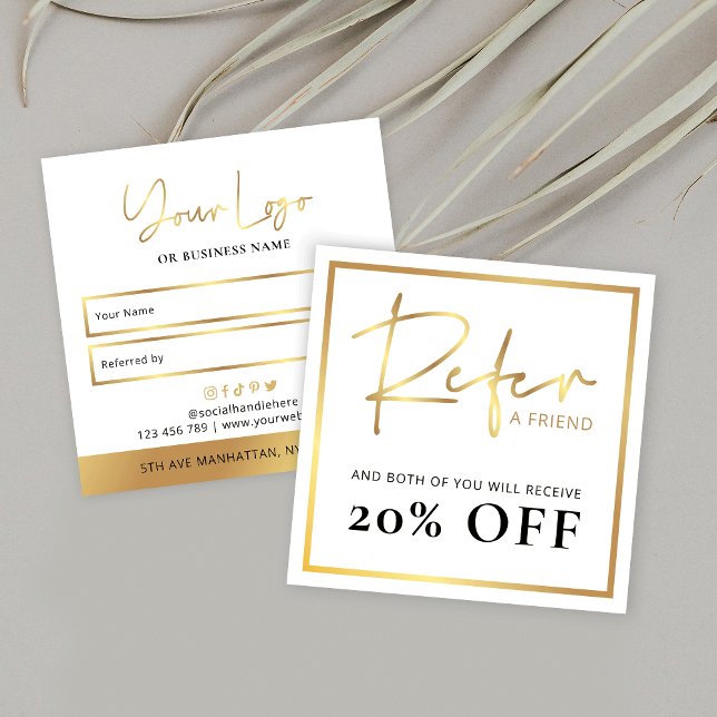 Faux Gold Refer A Friend Discount Business Logo Referral Card (Elegant Business Referral Cards with faux gold effects and space for your logo)