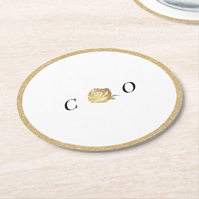 Faux gold rose black and white minimalist monogram round paper coaster (Angled)
